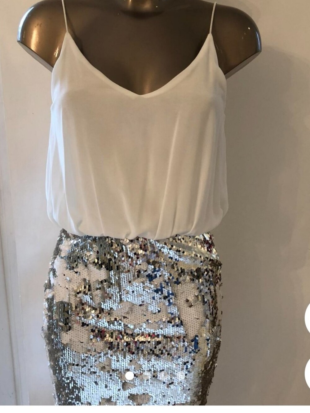 TFNC London Dress White Top And White/ Silver Color Changing Sequin Skirt